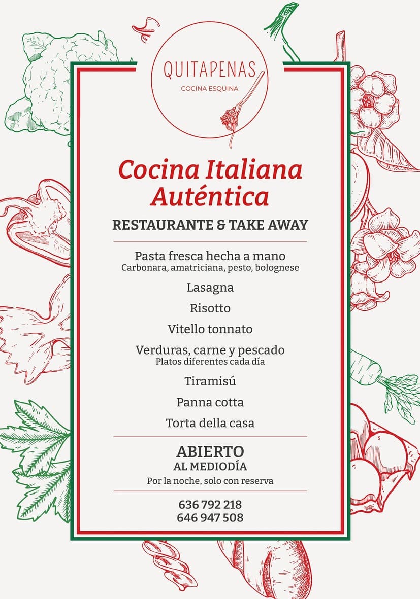 Cartel de Quitapenas Cocina Italiana con platos principales